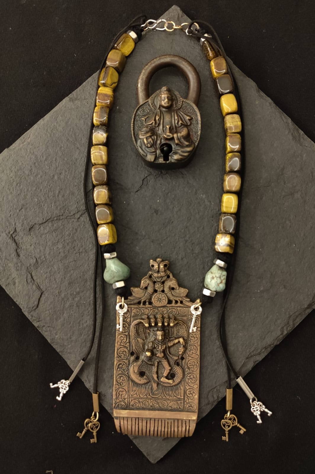 Antique brass comb necklace