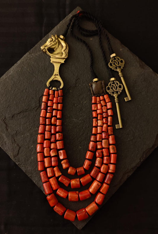 Antique Coral Bead Necklace with Brass Horse Pendant and Vintage Keys