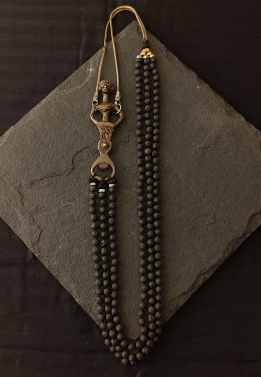 Lava Stone Bead Necklace with Vintage Brass Bottle Opener Pendant