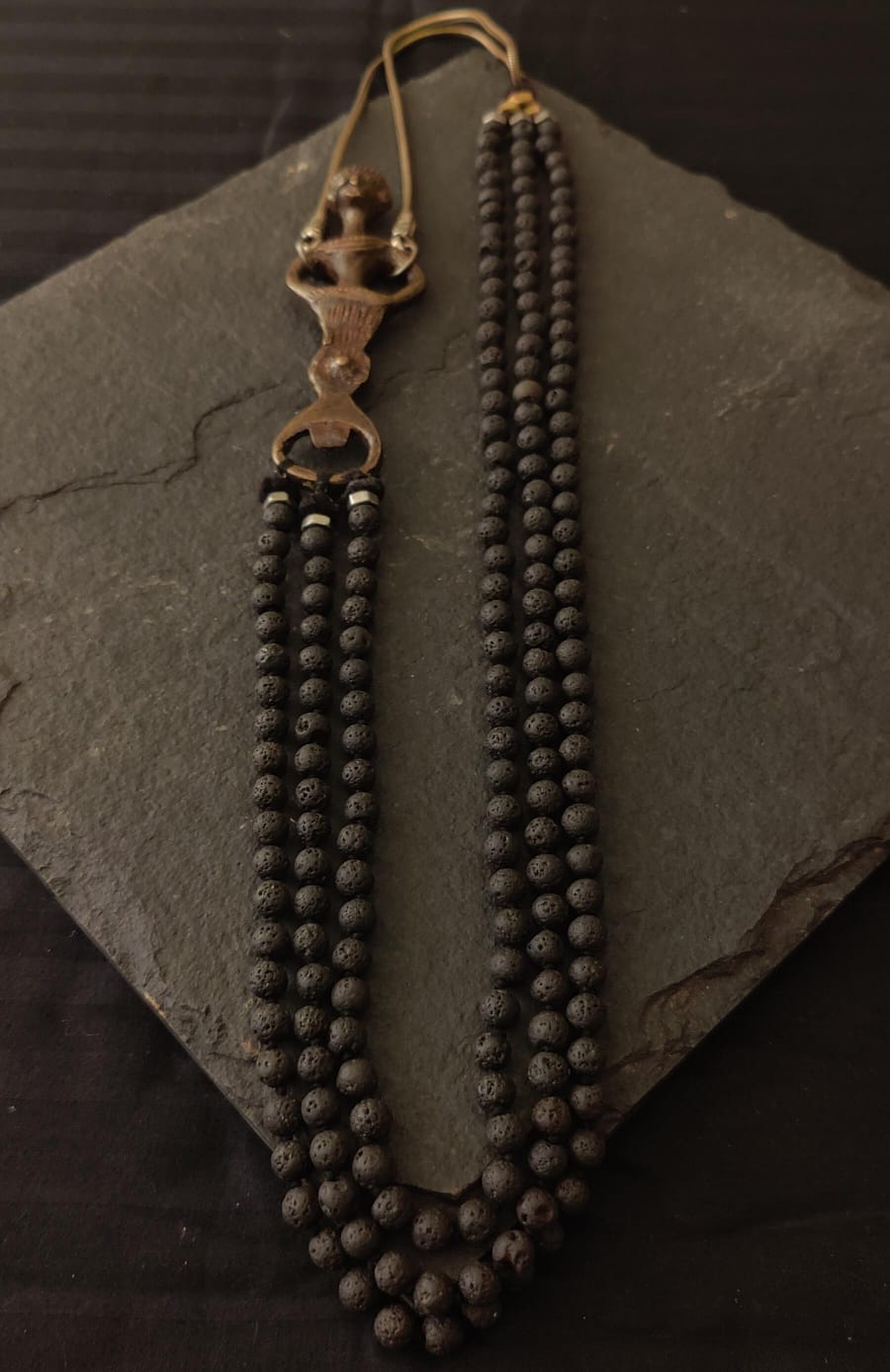 Lava Stone Bead Necklace with Vintage Brass Bottle Opener Pendant
