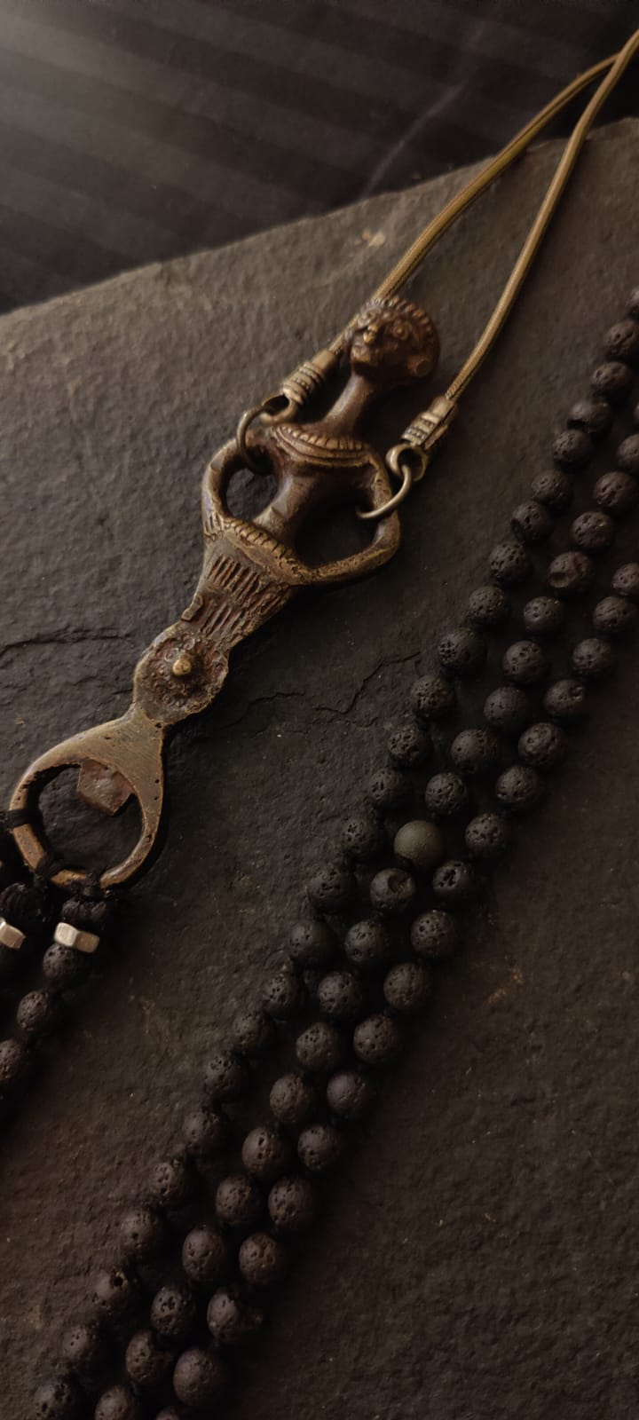 Lava Stone Bead Necklace with Vintage Brass Bottle Opener Pendant